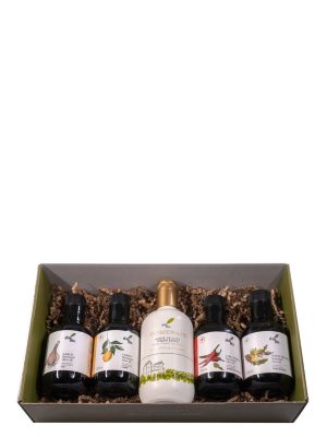 Selección AOVE Orgánico Homenaje 500ml + aceites de oliva aromatizados 4x250ml (trufa blanca, guindilla picante, ajo y limón)